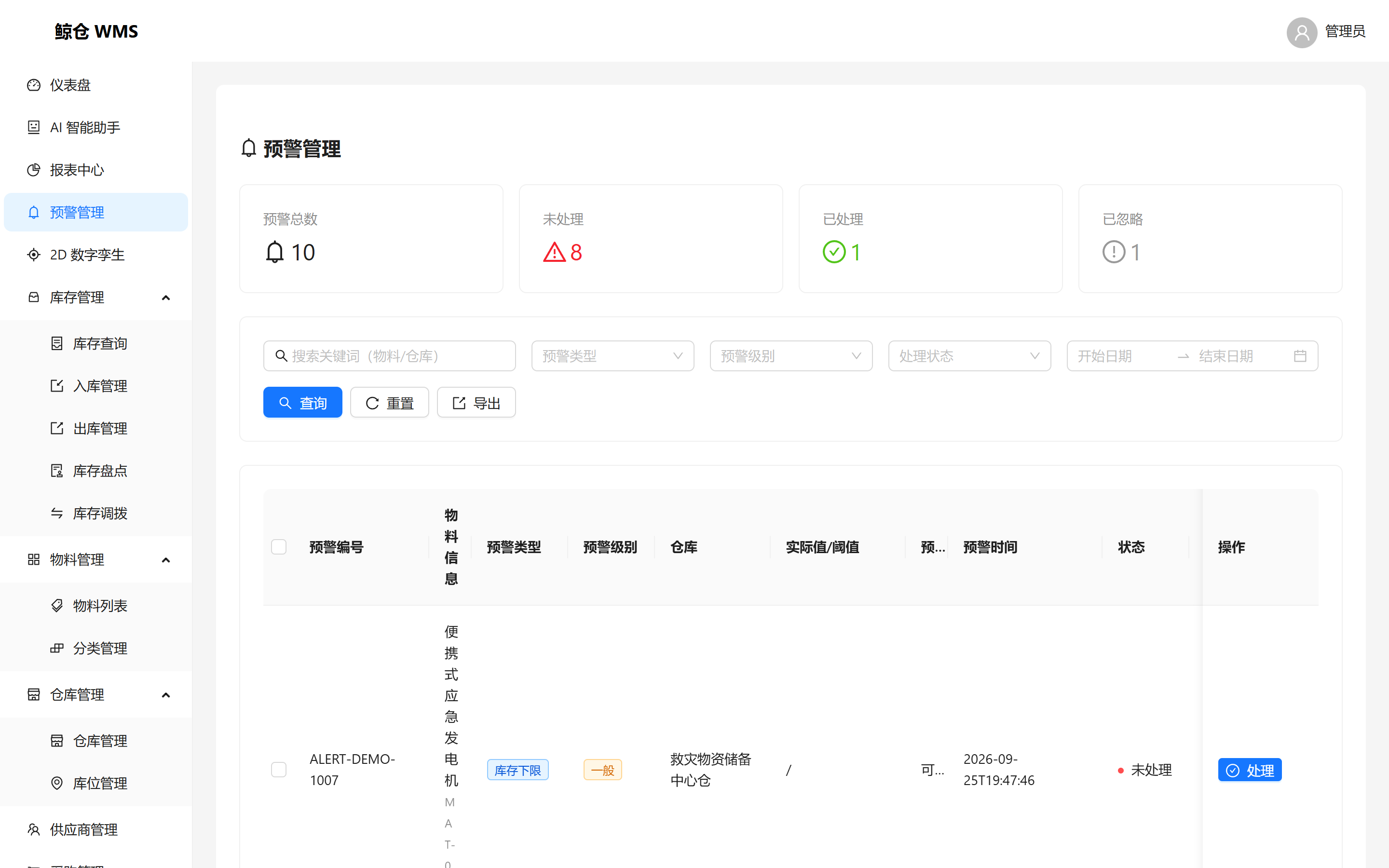 鲸仓 WMS 预警管理界面